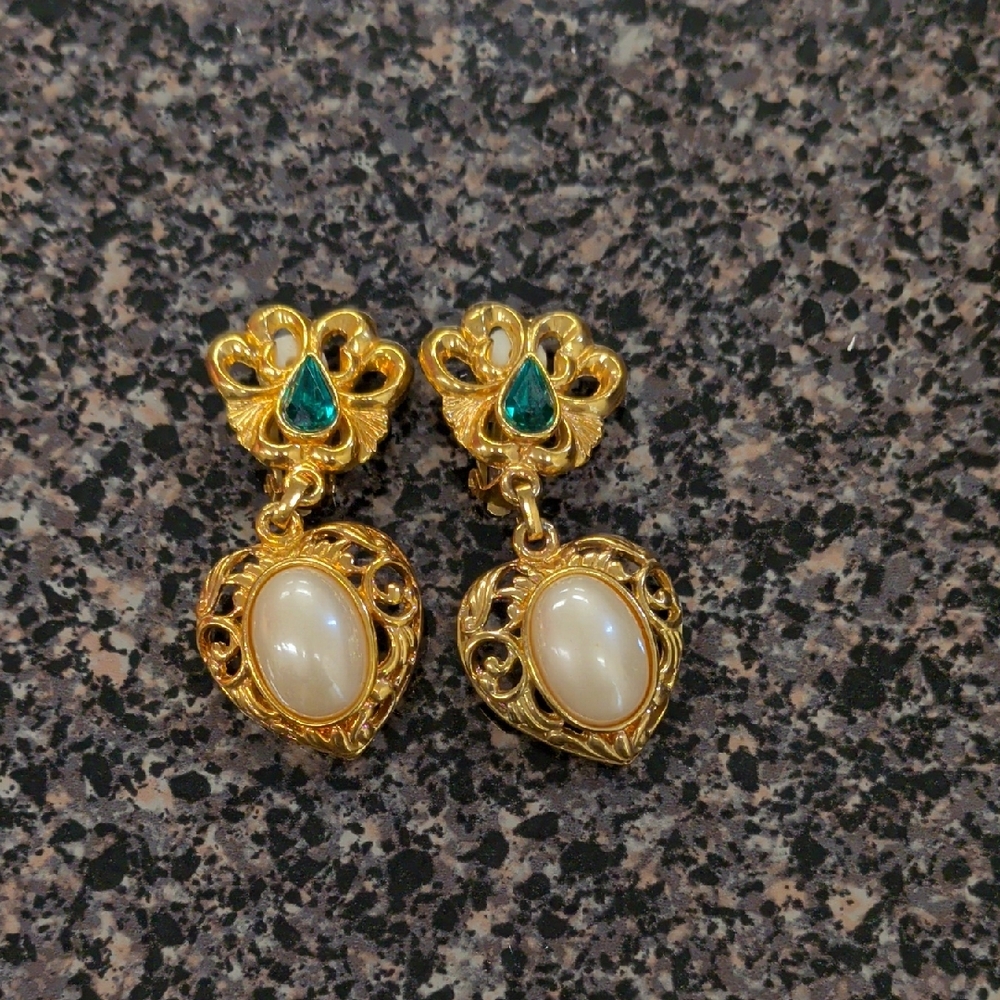 Elegant Gold and Cream Heart Earrings